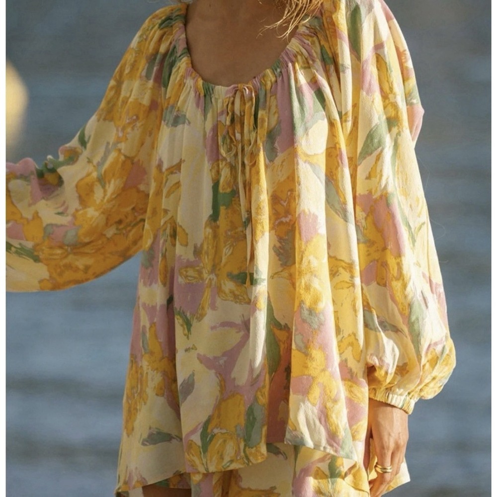 Sabo Skirt M Maddelena Tunic Blouse Oversized Yellow Floral Romantic Vacation